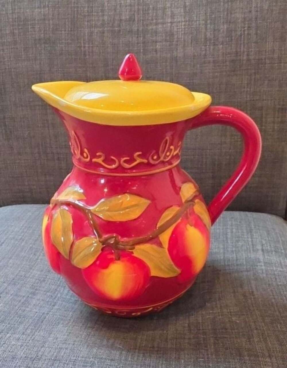 Nonni's Biscotti Hand Painted Embossed Apple Ceramic Pitcher with Lid